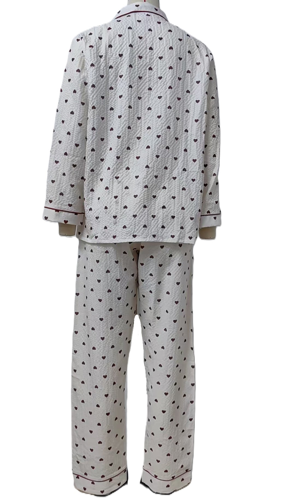 Heart Print Piped Long Pajama Set - White - 2