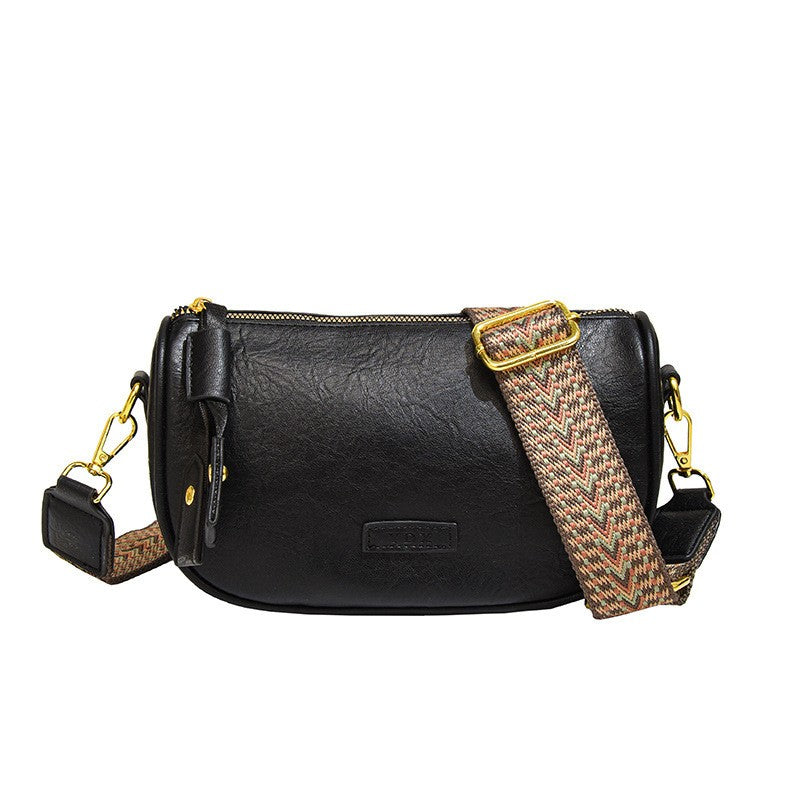 Crescent Crossbody Bag with Woven Guitar Strap - Black