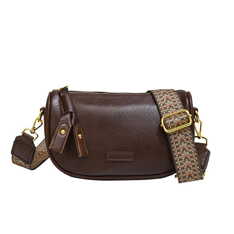 Crescent Crossbody Bag with Woven Guitar Strap - Coffee