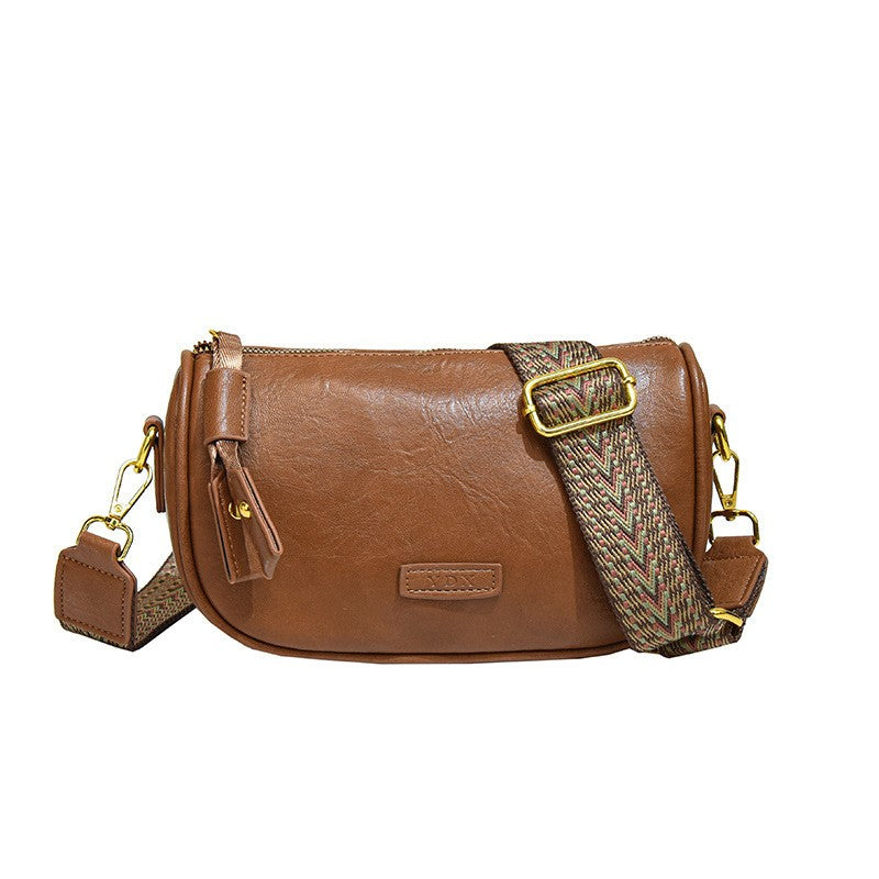 Crescent Crossbody Bag with Woven Guitar Strap - Tan