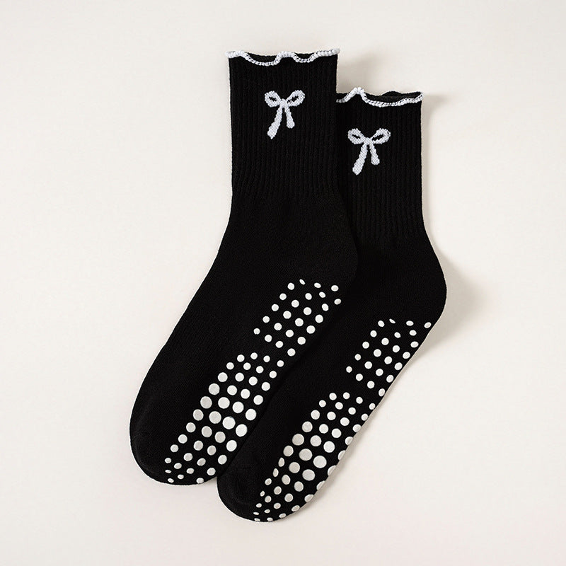 Bow Motif Non Slip Pilates Socks - Black