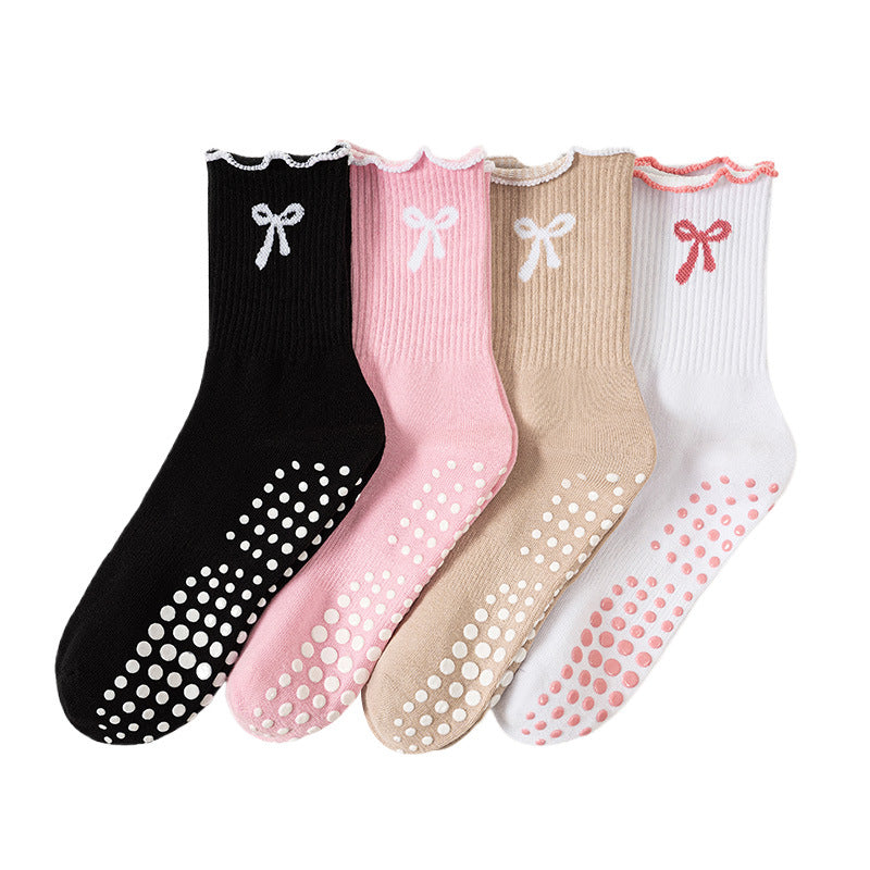 Bow Motif Non Slip Pilates Socks - Khaki