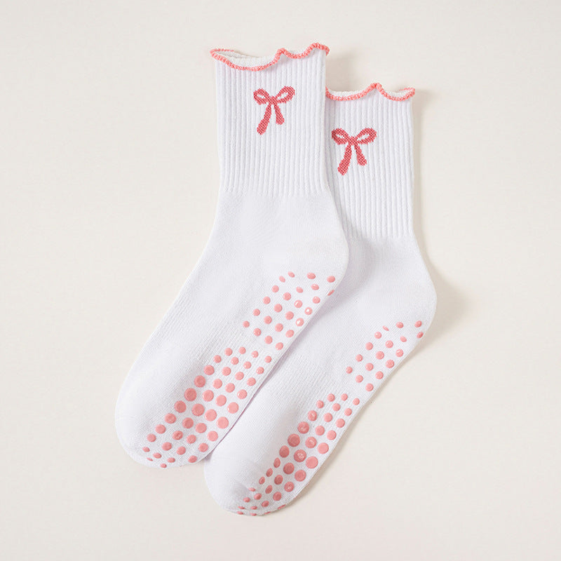 Bow Motif Non Slip Pilates Socks - White