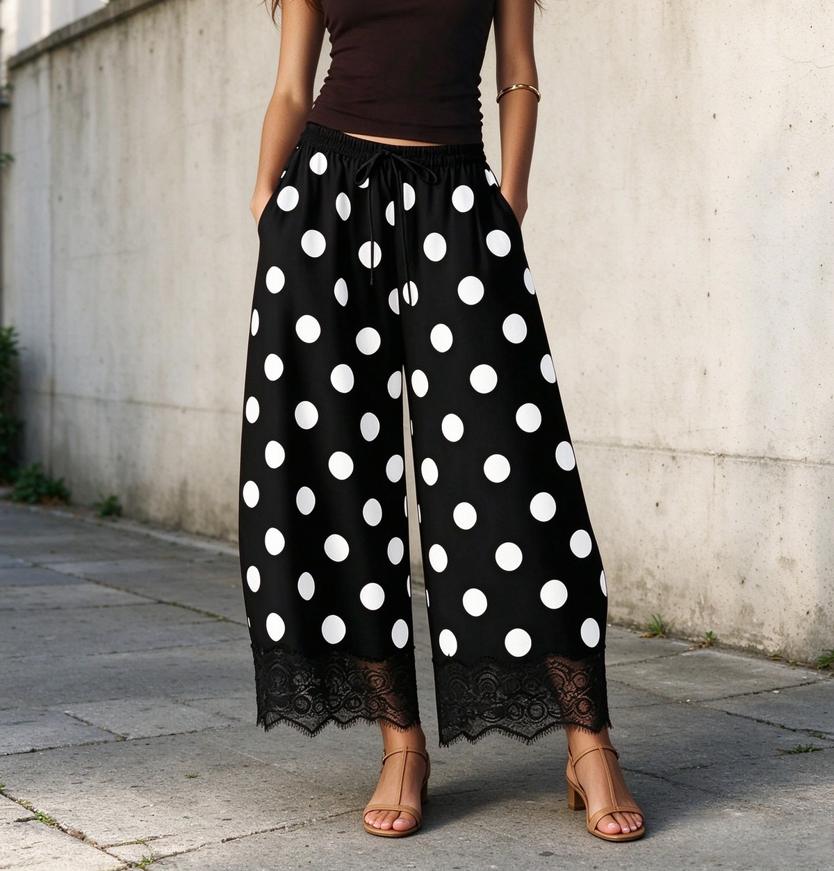 Printed Lace Hem Drawstring Cropped Wide Leg Pants - Black