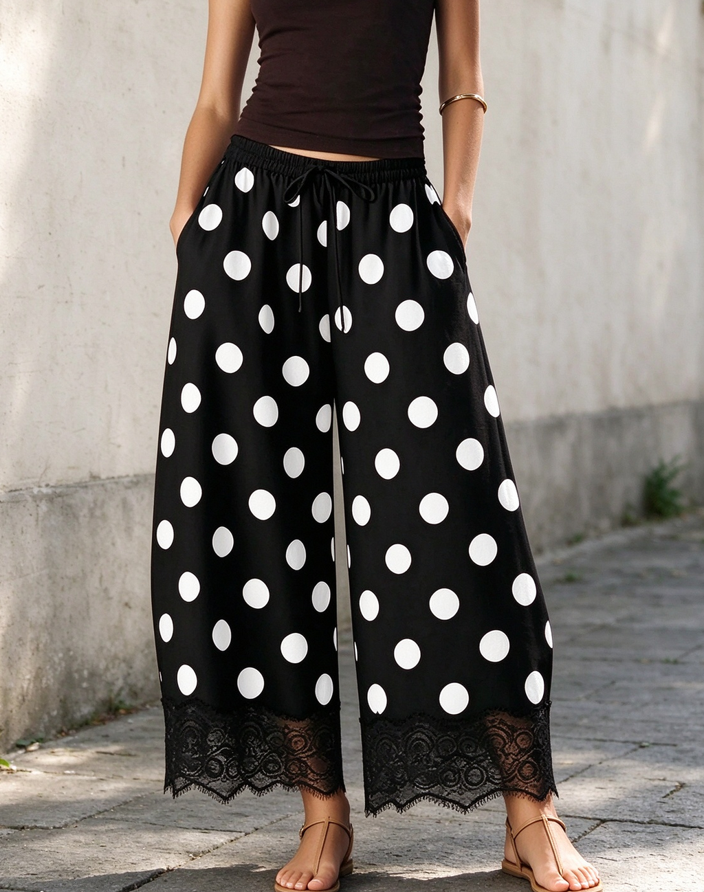 Printed Lace Hem Drawstring Cropped Wide Leg Pants - Black - 1