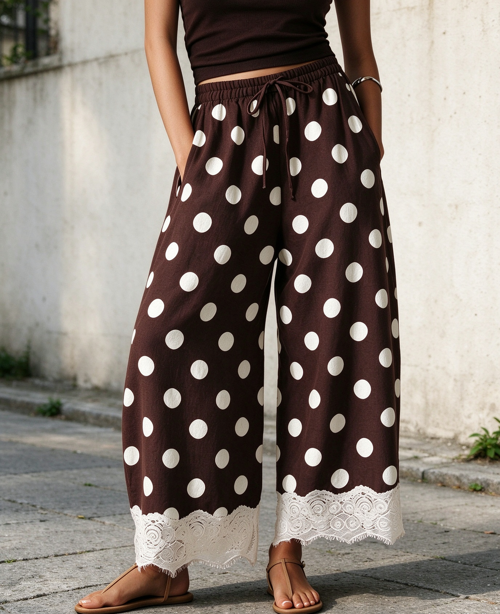 Printed Lace Hem Drawstring Cropped Wide Leg Pants - Coffee