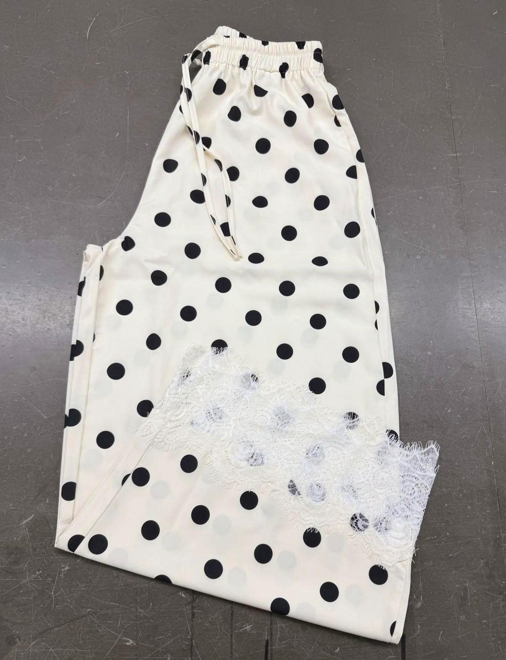 Printed Lace Hem Drawstring Cropped Wide Leg Pants - Ivory - 1