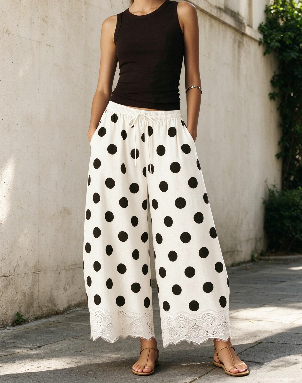 Printed Lace Hem Drawstring Cropped Wide Leg Pants - Ivory - 2