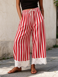 Printed Lace Hem Drawstring Cropped Wide Leg Pants - Red