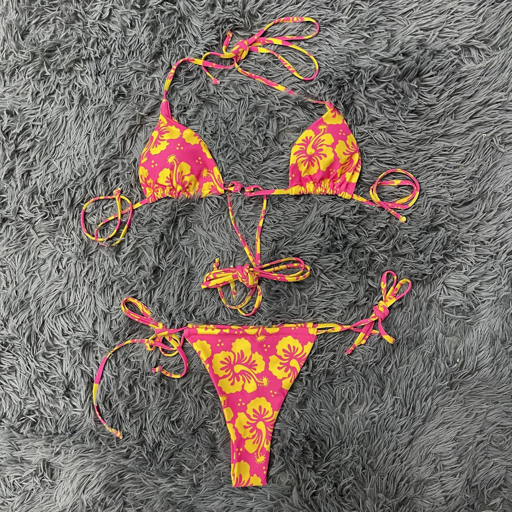 Hibiscus Print String Tie Bikini Set - Red - 1