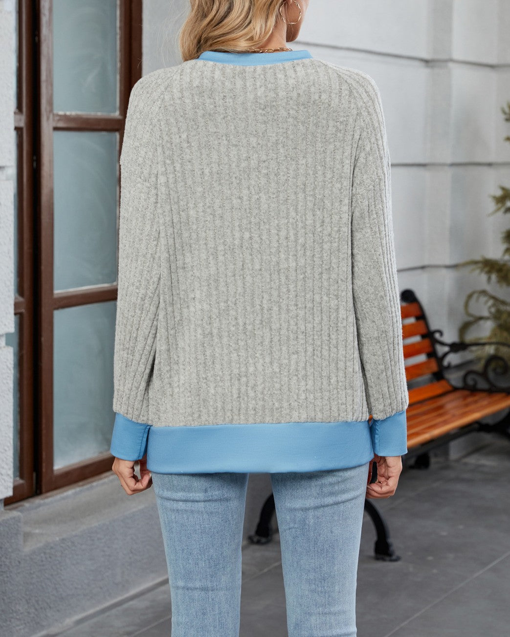 Ribbed Contrast Band Long Sleeve Tee - Grey - 2