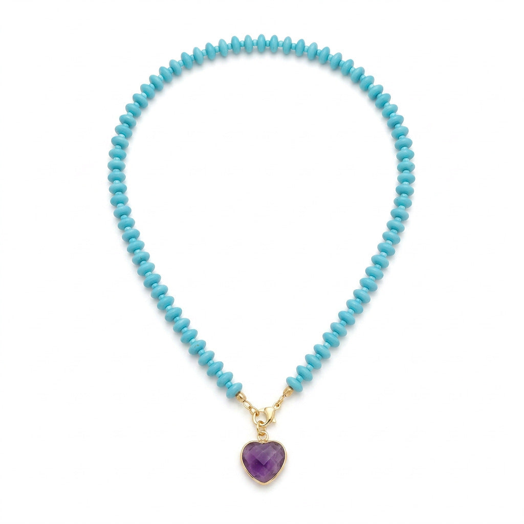 Gemstone Heart Charm Beaded Strand Necklace - Blue