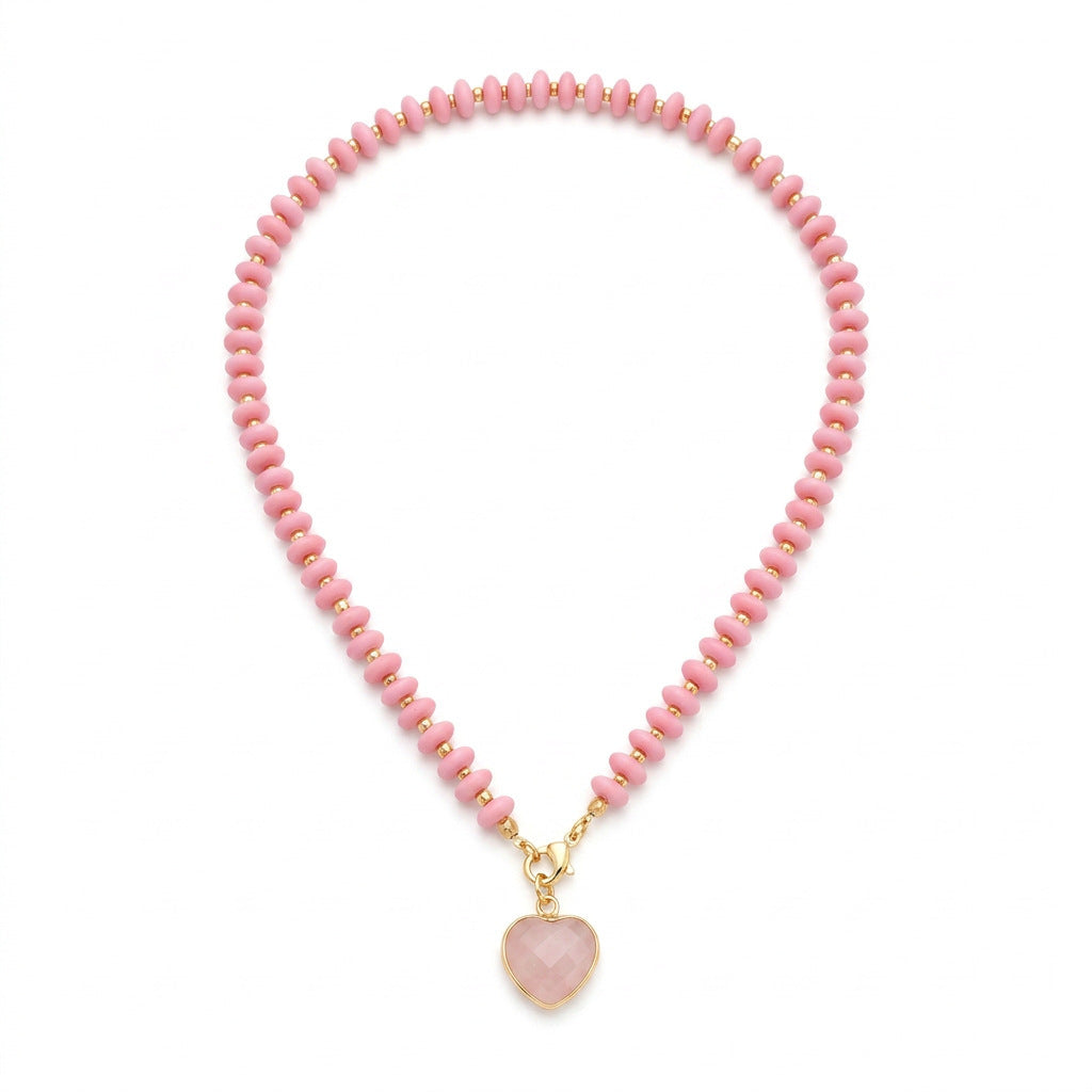 Gemstone Heart Charm Beaded Strand Necklace - LightPink