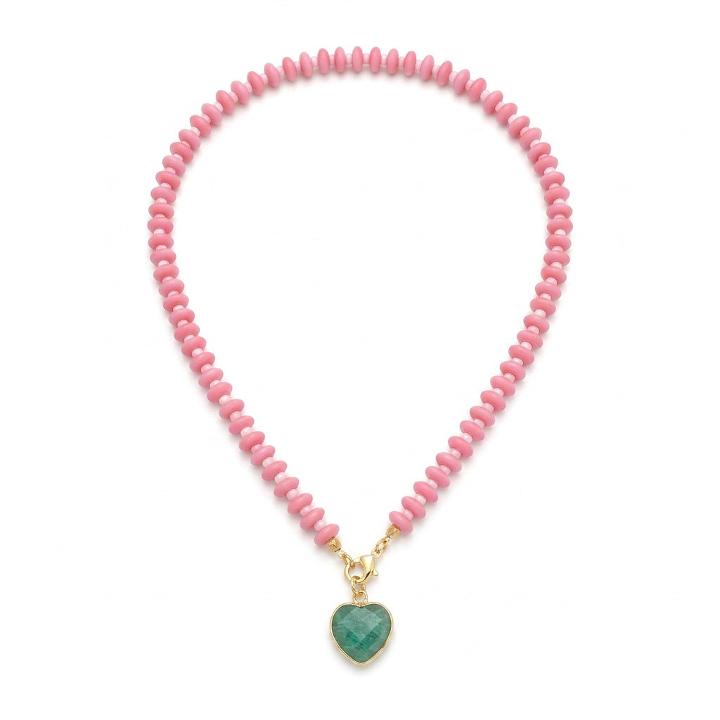 Gemstone Heart Charm Beaded Strand Necklace - Pink