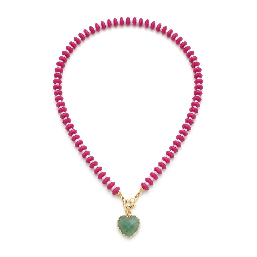 Gemstone Heart Charm Beaded Strand Necklace - Rose