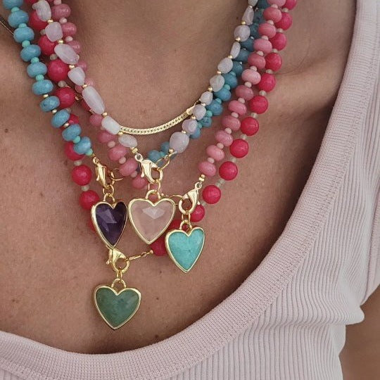 Gemstone Heart Charm Beaded Strand Necklace