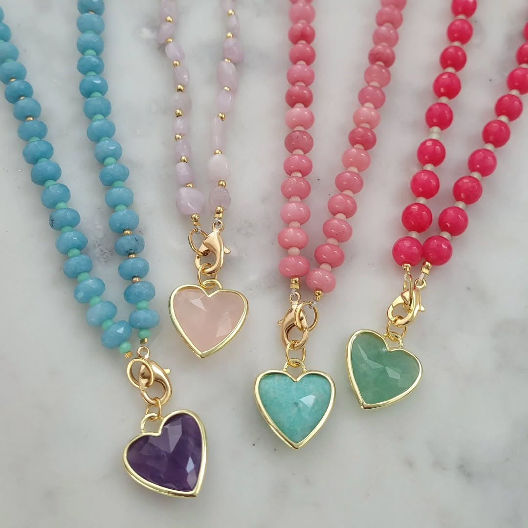 Gemstone Heart Charm Beaded Strand Necklace - view 1