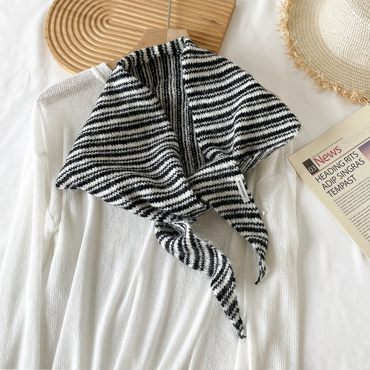 Marled Stripe Knit Triangle Kerchief Scarf - Black