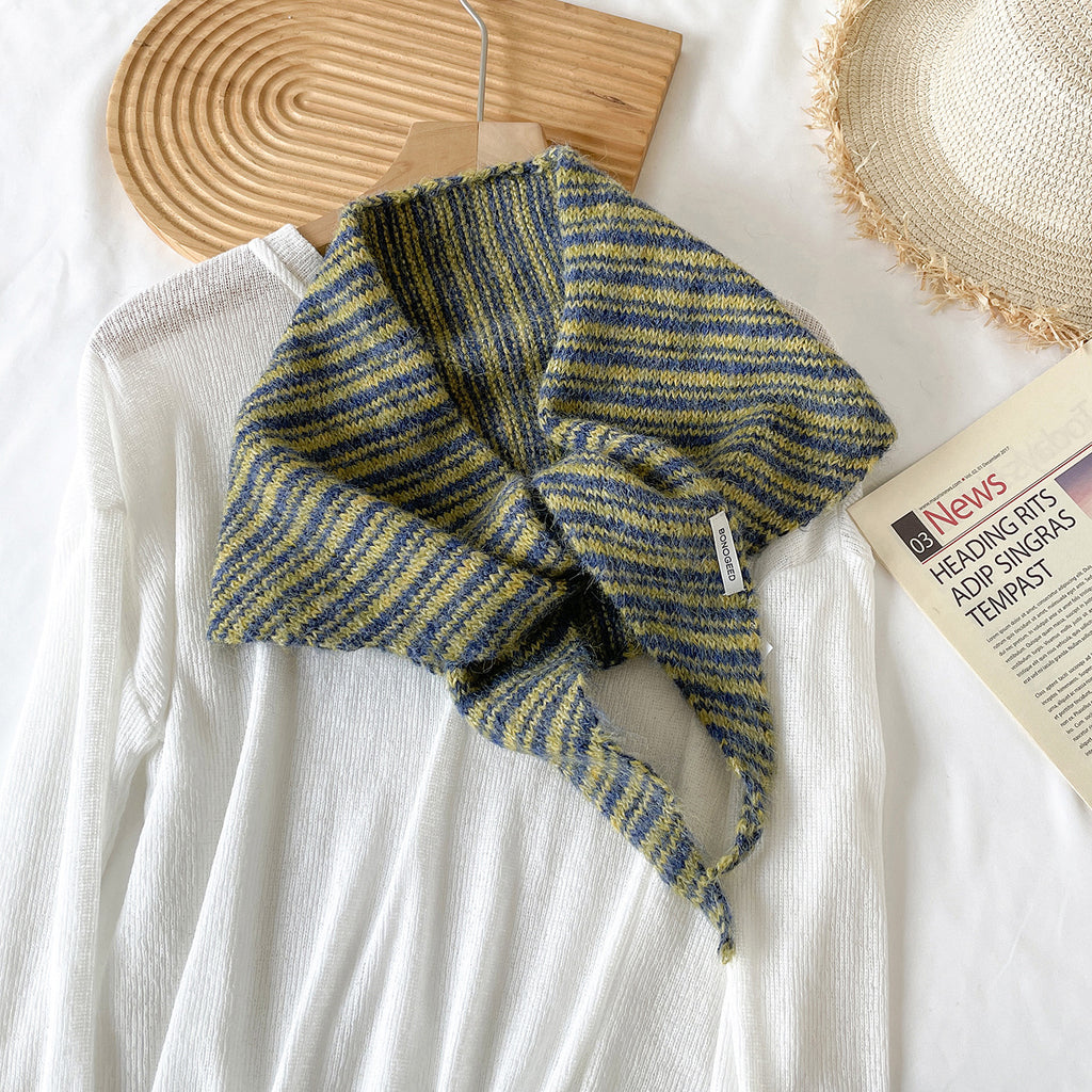 Marled Stripe Knit Triangle Kerchief Scarf - Blue_Yellow