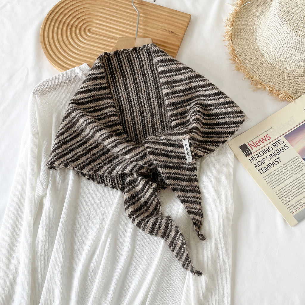 Marled Stripe Knit Triangle Kerchief Scarf - Coffee