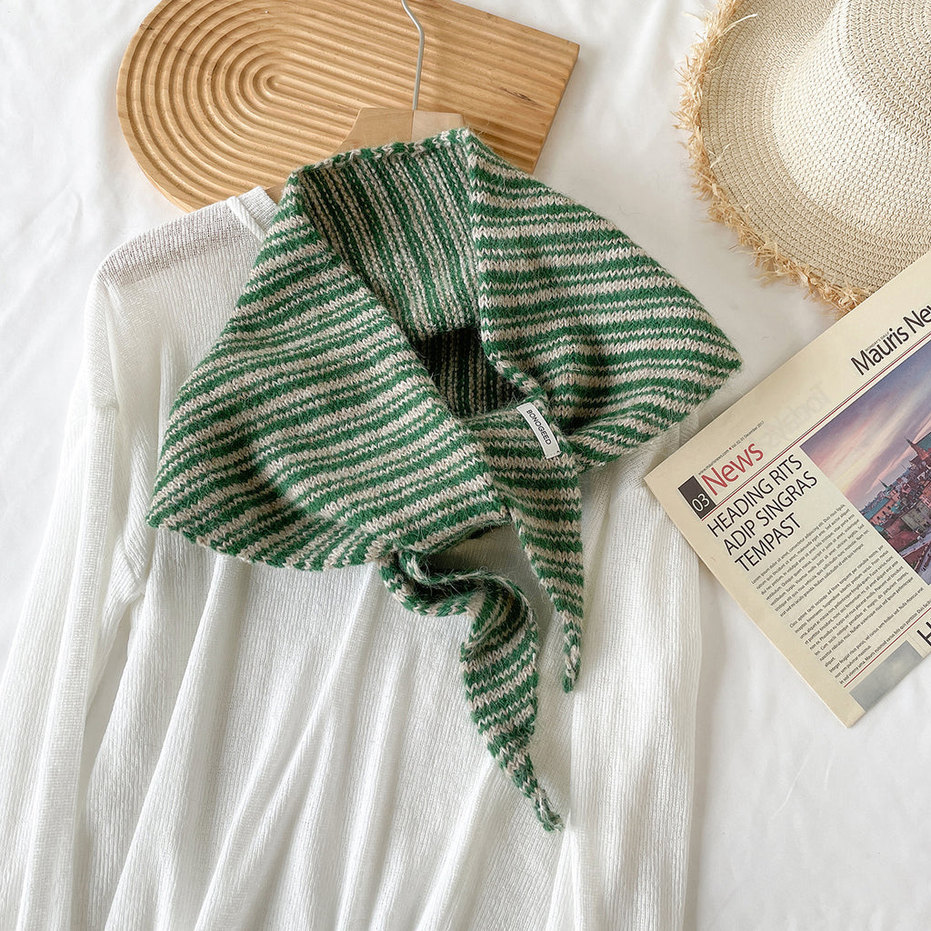 Marled Stripe Knit Triangle Kerchief Scarf - Green