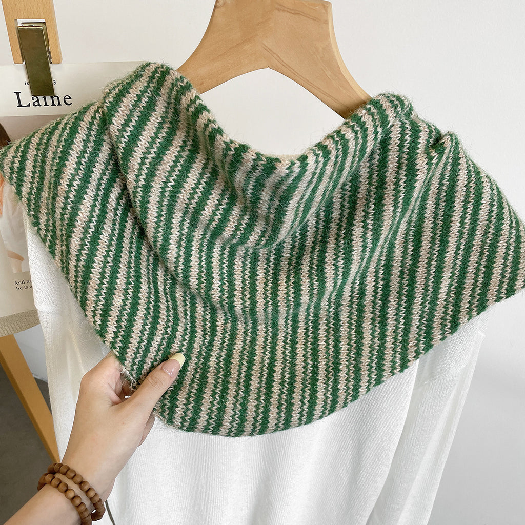 Marled Stripe Knit Triangle Kerchief Scarf - Green - 1