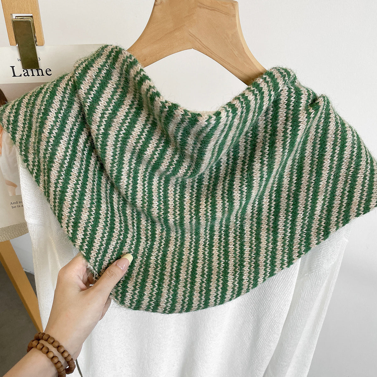 Marled Stripe Knit Triangle Kerchief Scarf - Green - 1