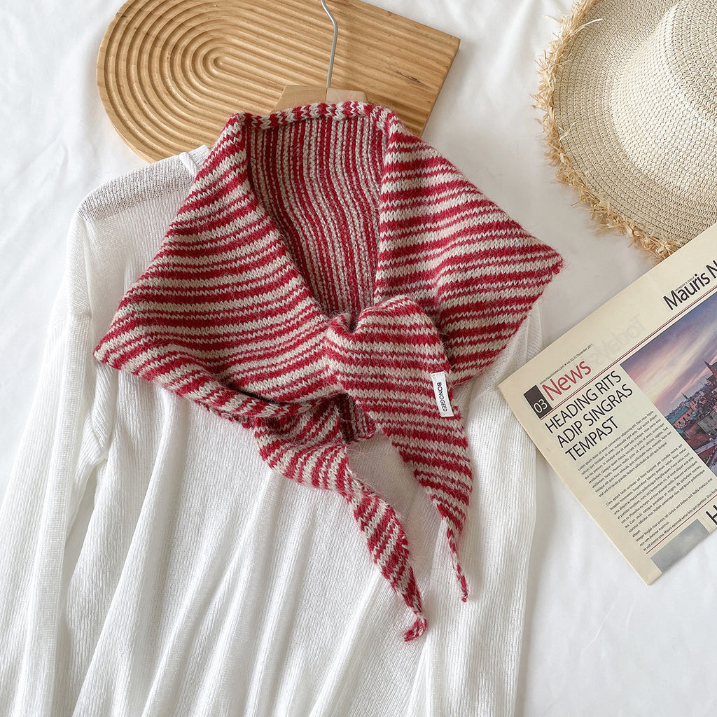 Marled Stripe Knit Triangle Kerchief Scarf - Red