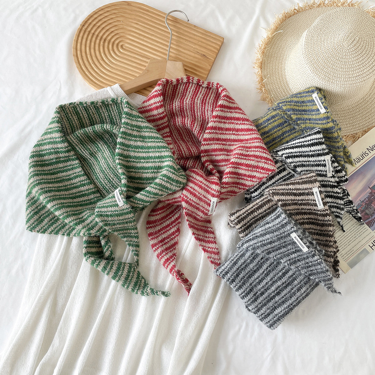 Marled Stripe Knit Triangle Kerchief Scarf