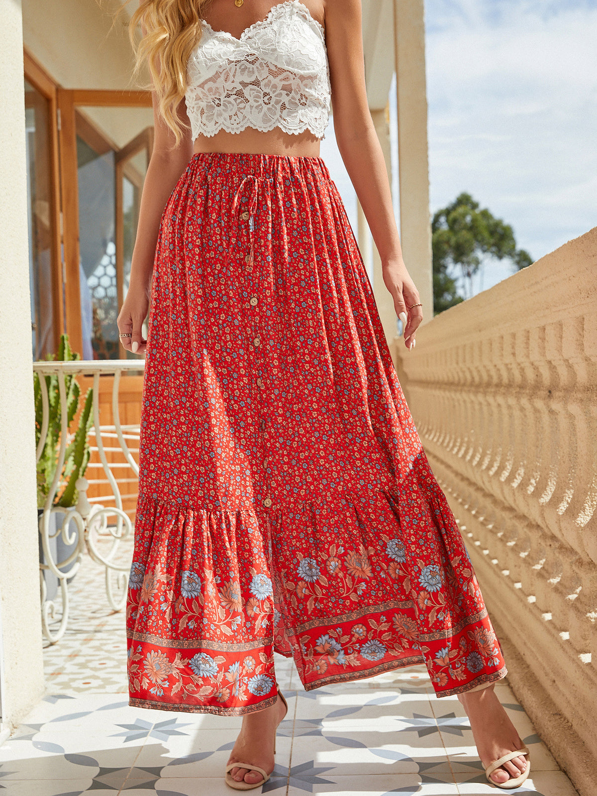 Button Front Floral Maxi Skirt With Split - Red
