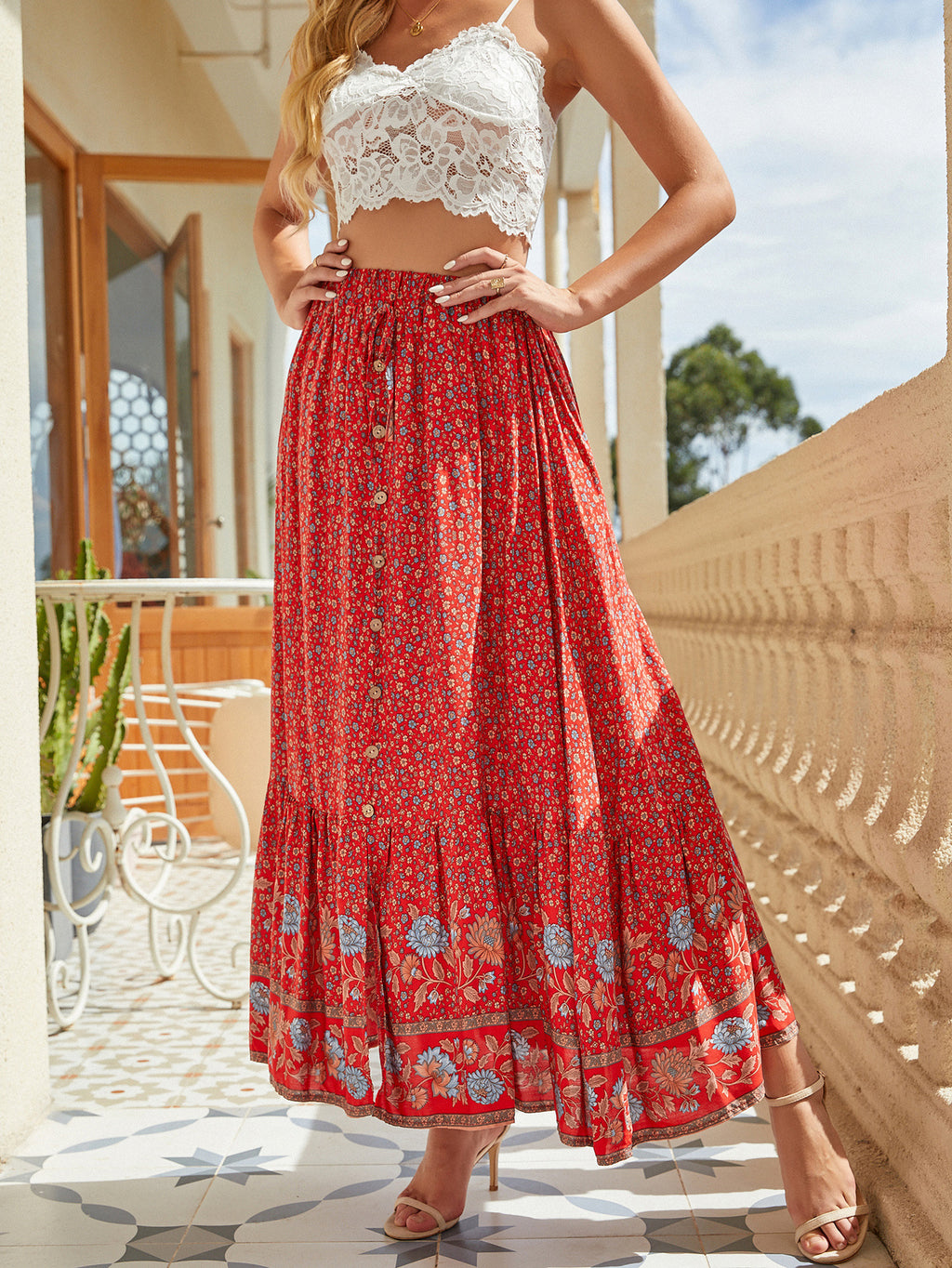 Button Front Floral Maxi Skirt With Split - Red - 2