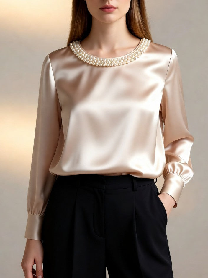 Beaded Neckline Blouson Sleeve Satin Blouse - Apricot