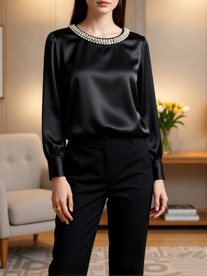 Beaded Neckline Blouson Sleeve Satin Blouse - Black