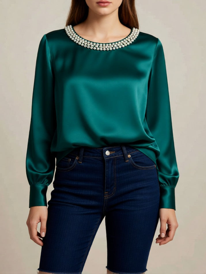 Beaded Neckline Blouson Sleeve Satin Blouse - Green