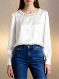 Beaded Neckline Blouson Sleeve Satin Blouse - White
