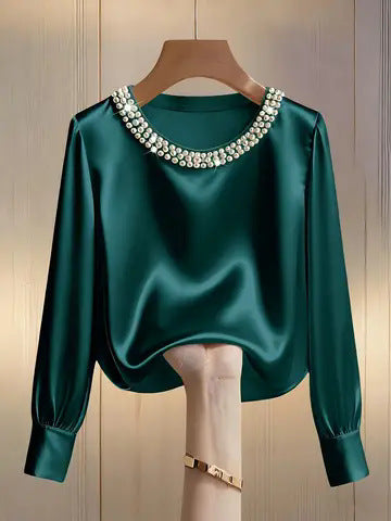 Beaded Neckline Blouson Sleeve Satin Blouse