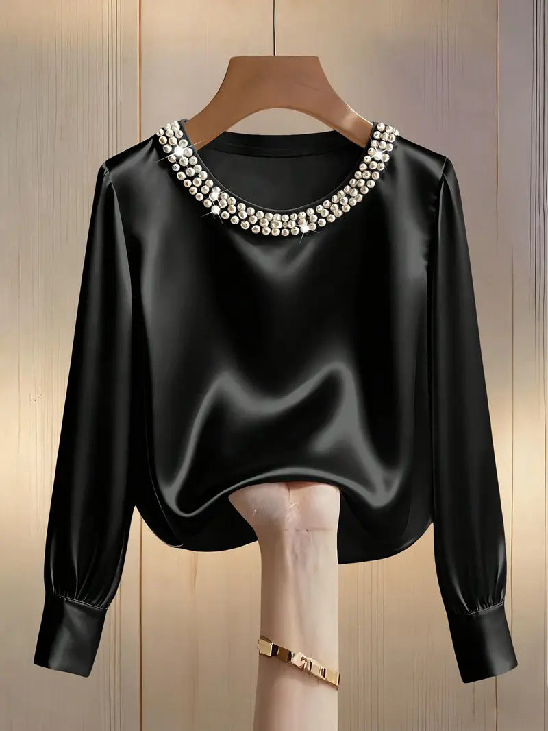 Beaded Neckline Blouson Sleeve Satin Blouse - view 1