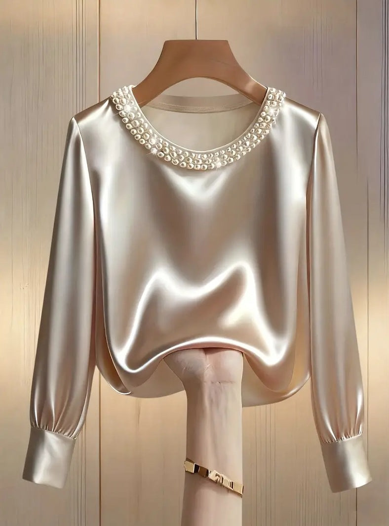 Beaded Neckline Blouson Sleeve Satin Blouse - view 2