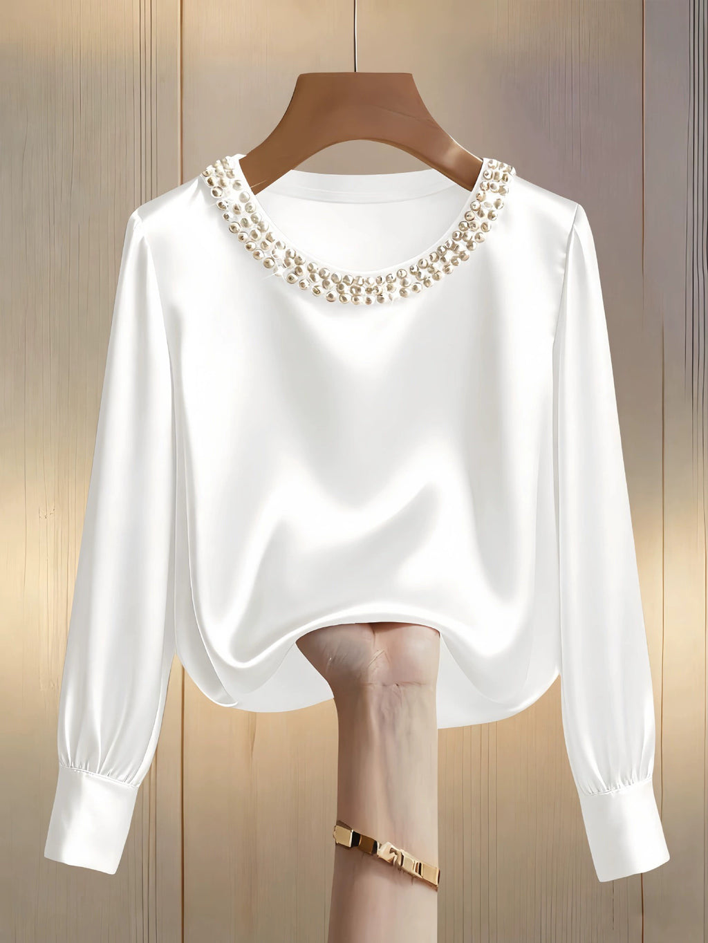 Beaded Neckline Blouson Sleeve Satin Blouse - view 3