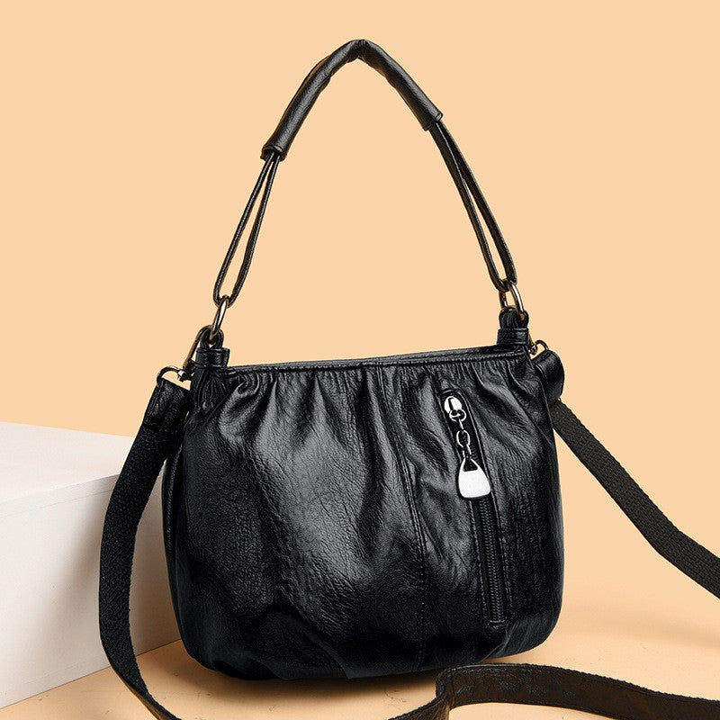 Ruched Faux Leather Hobo Shoulder Bag - Black