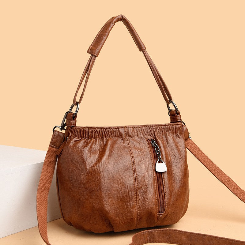 Ruched Faux Leather Hobo Shoulder Bag - Brown