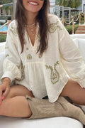 Paisley Embroidered Peplum Boho Blouse - Beige