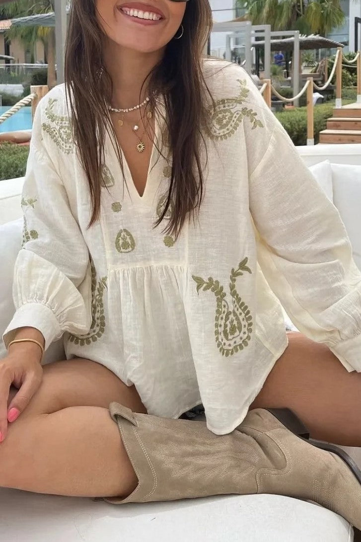 Paisley Embroidered Peplum Boho Blouse - Beige