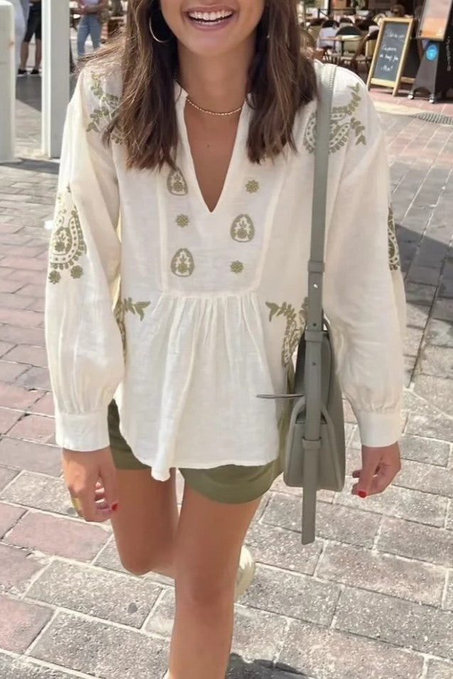 Paisley Embroidered Peplum Boho Blouse - Beige - 2