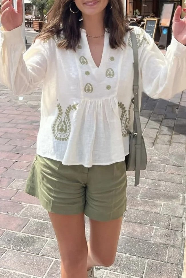 Paisley Embroidered Peplum Boho Blouse - Beige - 3