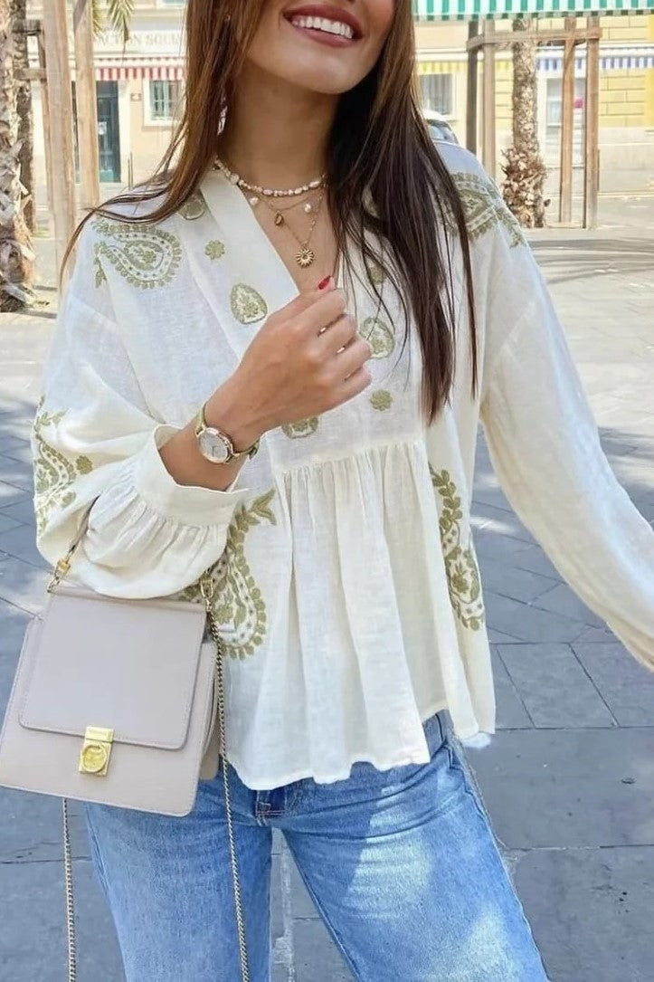 Paisley Embroidered Peplum Boho Blouse - Beige - 4