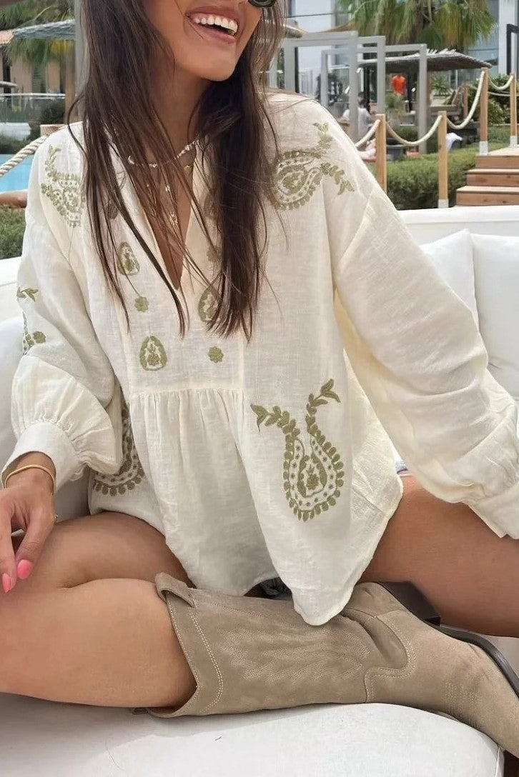 Paisley Embroidered Peplum Boho Blouse - Beige - 5