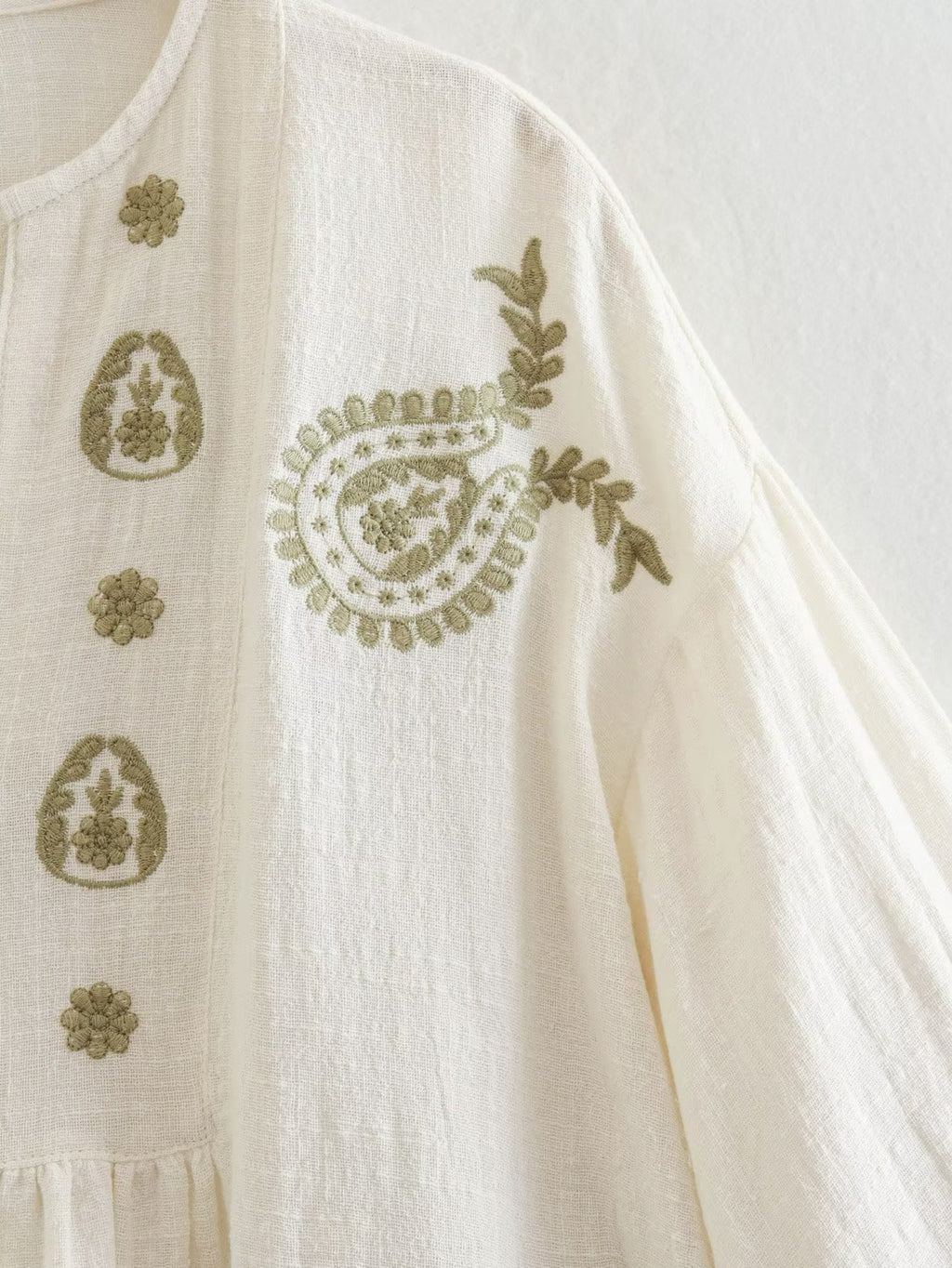Paisley Embroidered Peplum Boho Blouse - Beige - 8