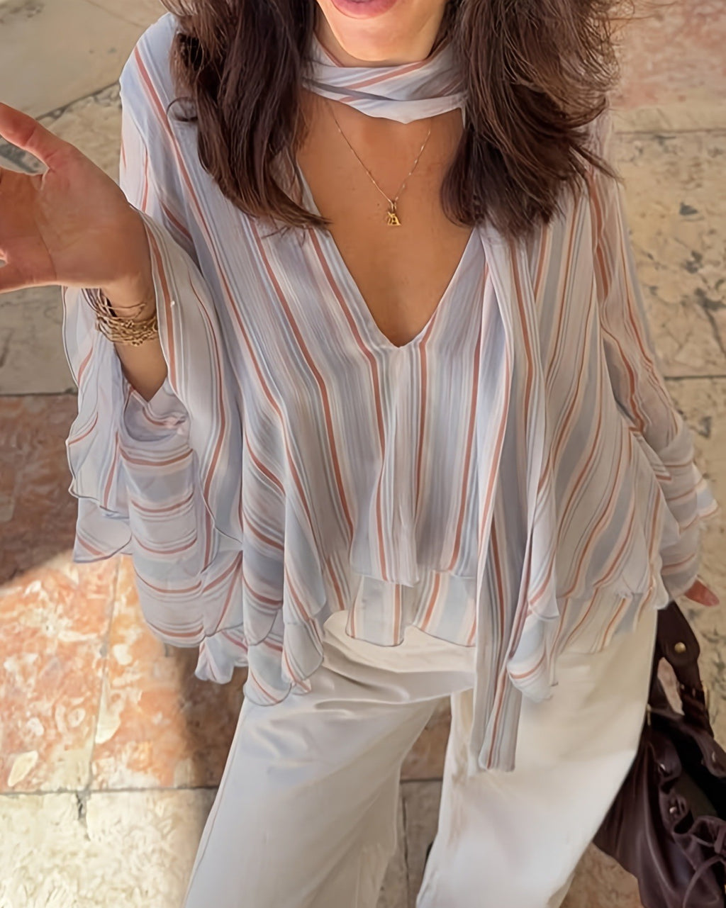 Sheer Stripe Chiffon Blouse With Neck Tie - Color