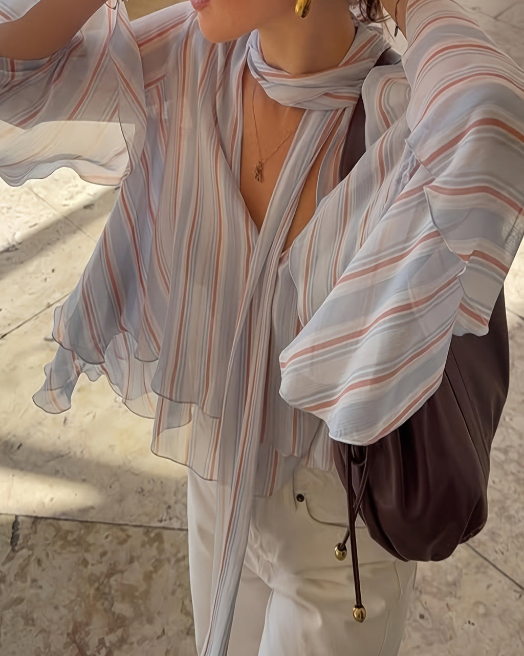 Sheer Stripe Chiffon Blouse With Neck Tie - Color - 1